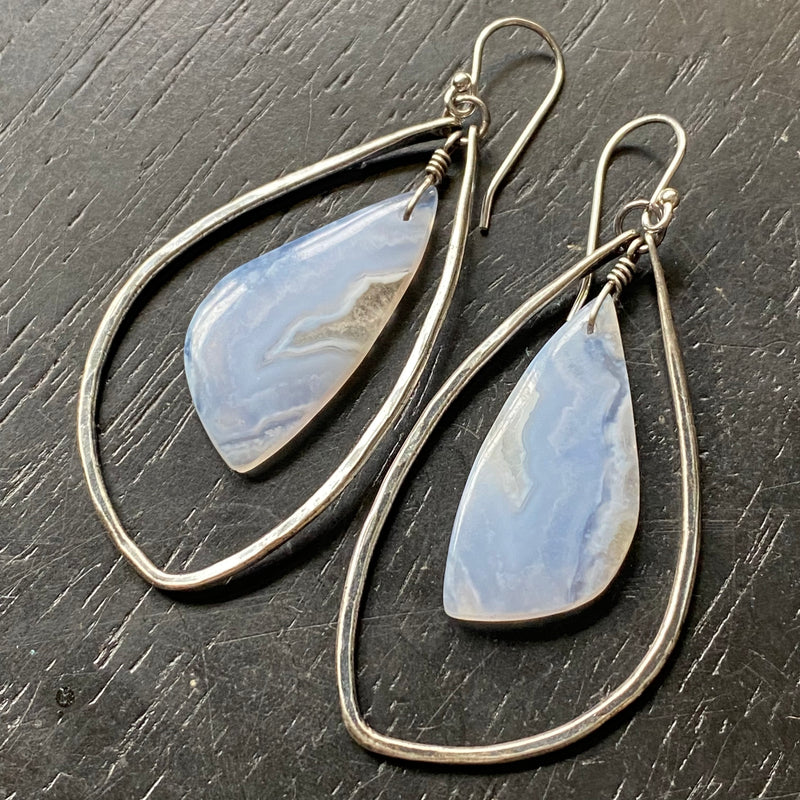 "BLUE LACE" AGATES, MEDIUM SILVER CONTOURED "WINGS"! OOAK #5