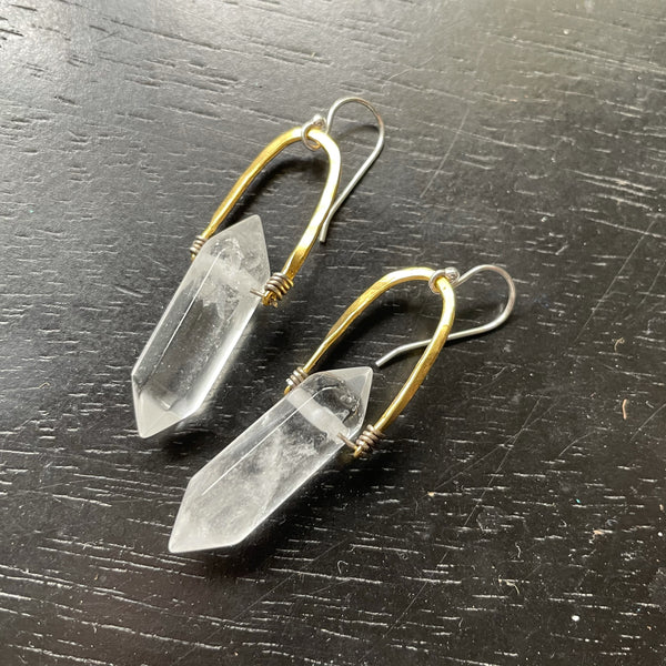 Small GOLD Double-Pointed, Faceted Taliswoman Quartz Earrings, 24K GOLD VERMEIL