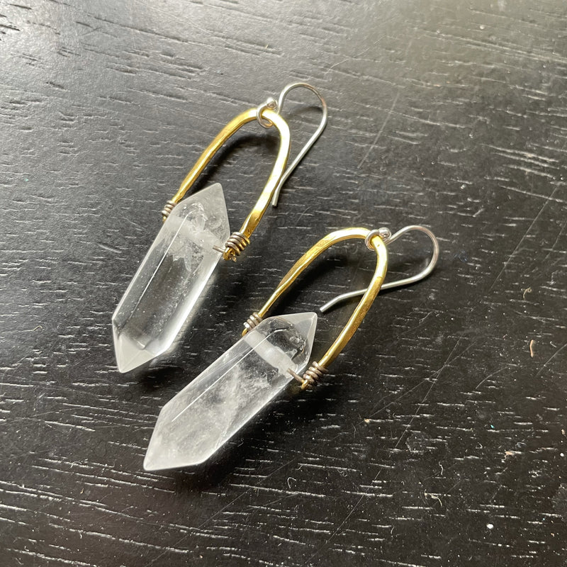 Small GOLD Double-Pointed, Faceted Taliswoman Quartz Earrings, GOLD VERMEIL