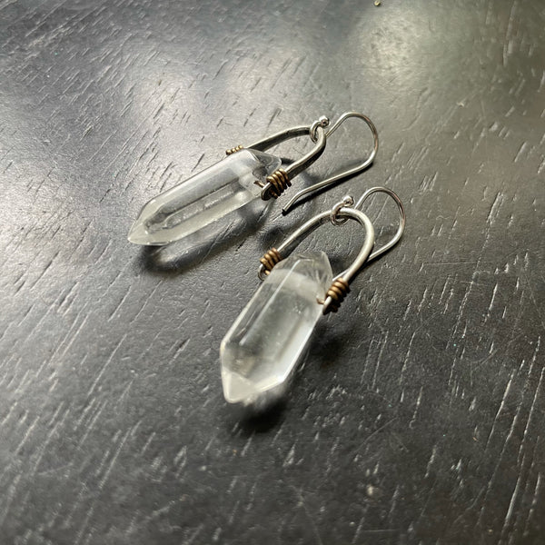 Small Taliswoman Double-Pointed, Faceted Quartz Earrings: Small Sterling Silver Bail, Brass wire wrap