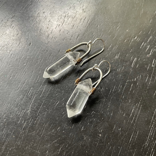 Small Taliswoman Double-Pointed, Faceted Quartz Earrings: Small Sterling Silver Bail, Brass wire wrap