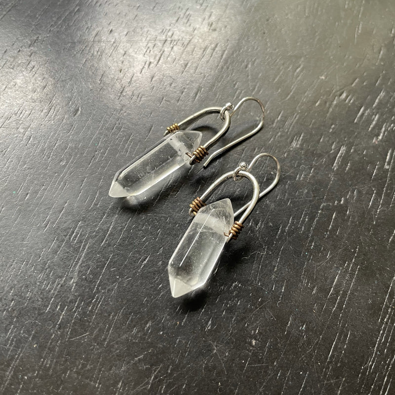 Small Taliswoman Double-Pointed, Faceted Quartz Earrings: Small Sterling Silver Bail, Brass wire wrap