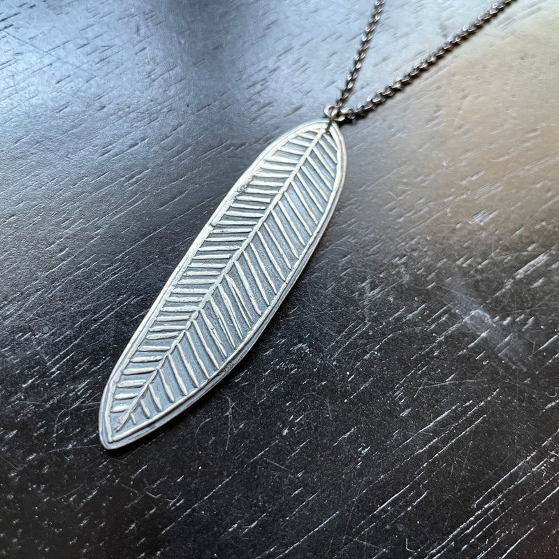 LARGE Carved Feather in Sterling Silver Necklace