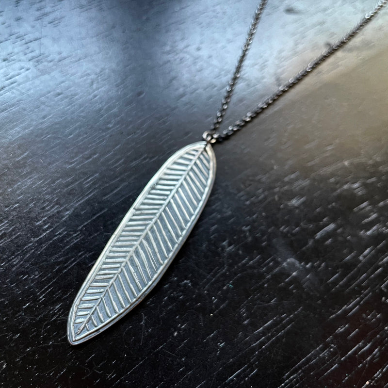 LARGE Carved Feather in Sterling Silver Necklace