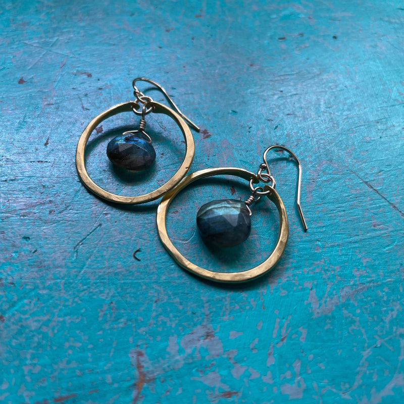 NEW! Tiny GOLD Hoops with Dewdrop Faceted LABRADORITES, GOLD VERMEIL