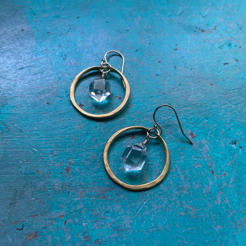 Herkimer Diamond Earrings in Tiny Gold Hoops, 24K GOLD VERMEIL