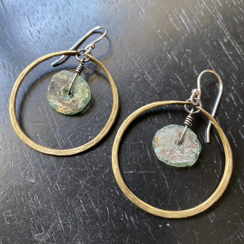 Small Brass Hoops with Roman Glass!