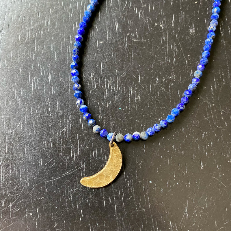 Tiny Brass Crescent Moon with Faceted Lapis Necklace