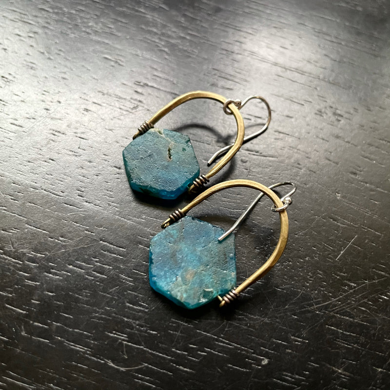 LIMITED BATCH! ONLY 2 PAIRS AVAILABLE! Natural Blue Apatite Hexagon, Brass Bail EARRINGS