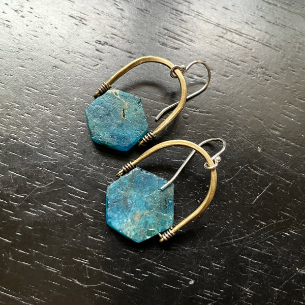 LIMITED BATCH! ONLY 1 PAIR AVAILABLE! Natural Blue Apatite Hexagon, Brass Bail EARRINGS
