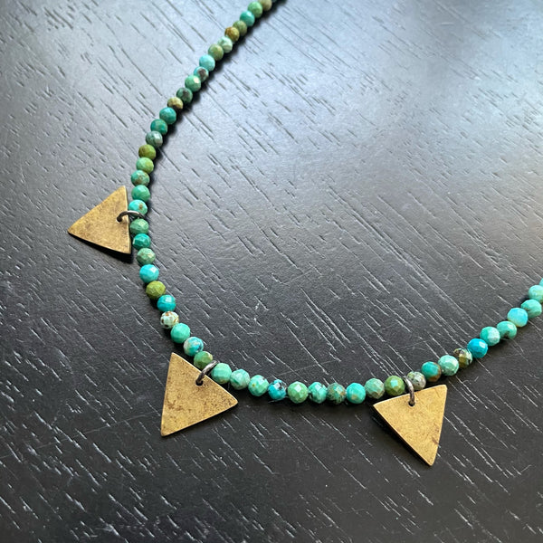 Tiny Brass Triple Triangle Necklace with Faceted Turquoise