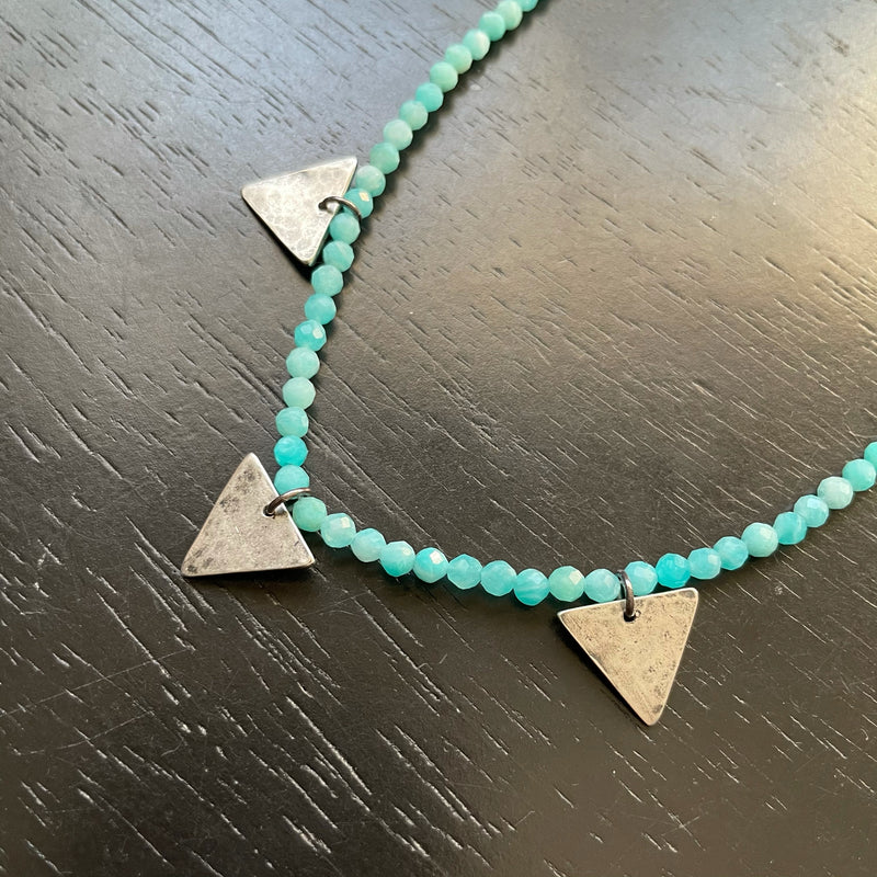 TINY SILVER Triple Triangles with Faceted Amazonite necklace