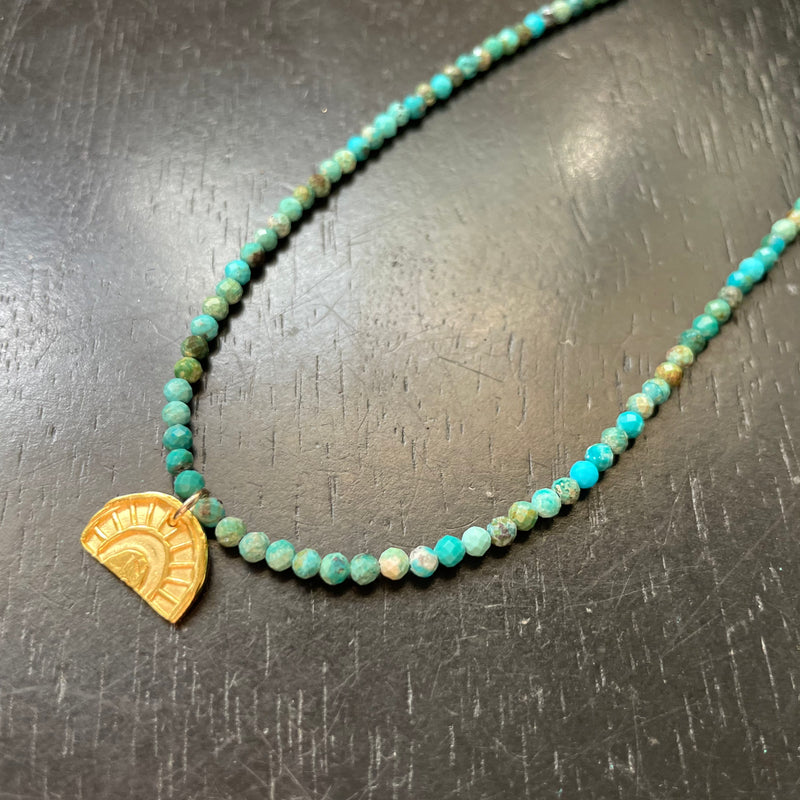 NEW! Gold Tiny Sun-bow Medallion on Faceted Turquoise Strand Necklace, GOLD VERMEIL