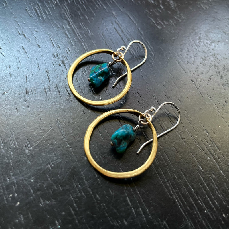 Tiny Gold Vermeil Hoops with Raw Turquoise OOAK!