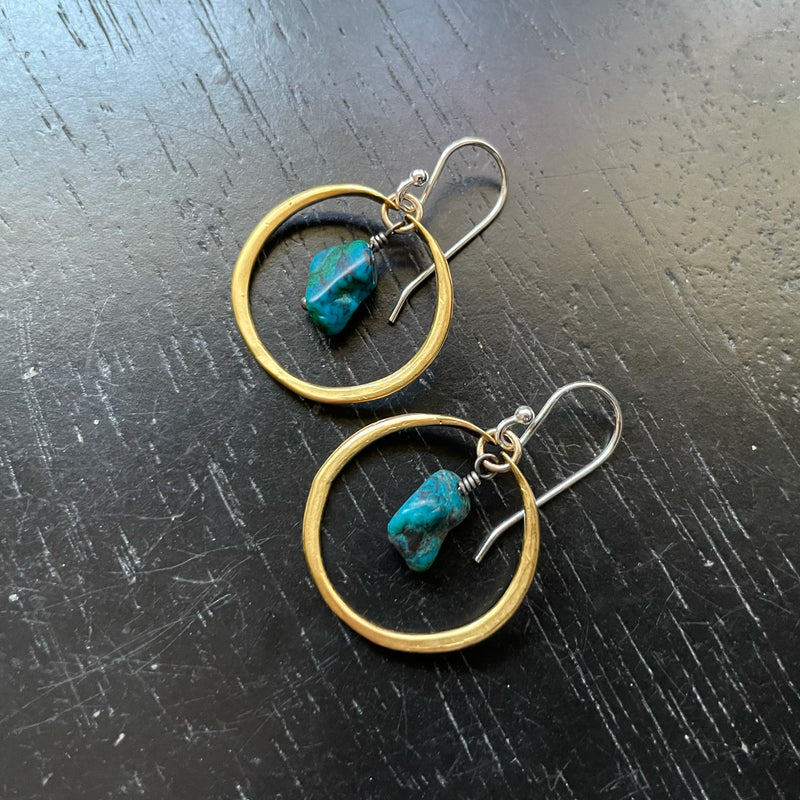Tiny Gold Vermeil Hoops with Raw Turquoise