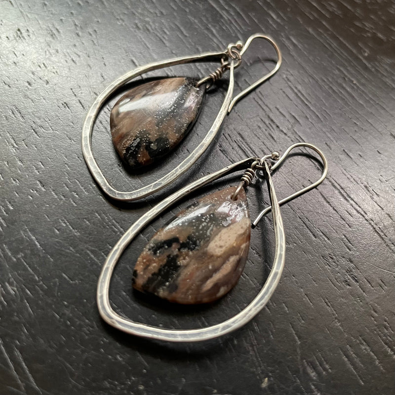 Honey Dendtrite Agate Wings in Small Silver Hoops #2