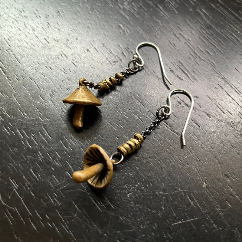 Tiny Sculpted Mushroom Earrings with Heishi Beads in Brass
