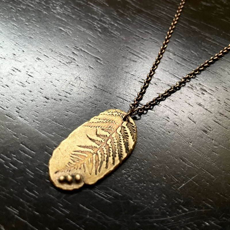ORIJEN'S: BRASS FERN Fossil Leaf with 3 Dots Medallion on BRASS Necklace