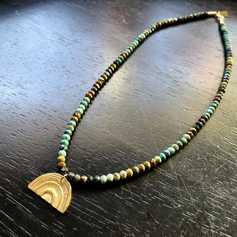 Gold Rainbow Necklace with Faceted Turquoise