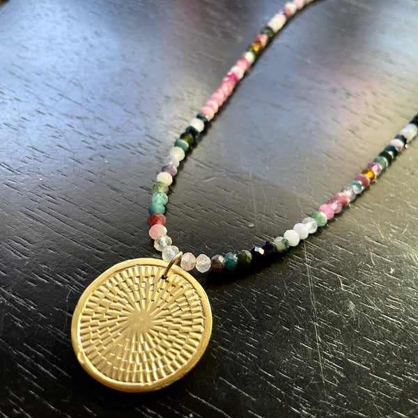 Carved Gold Medallion, GOLD VERMEIL On Faceted Watermelon Tourmaline