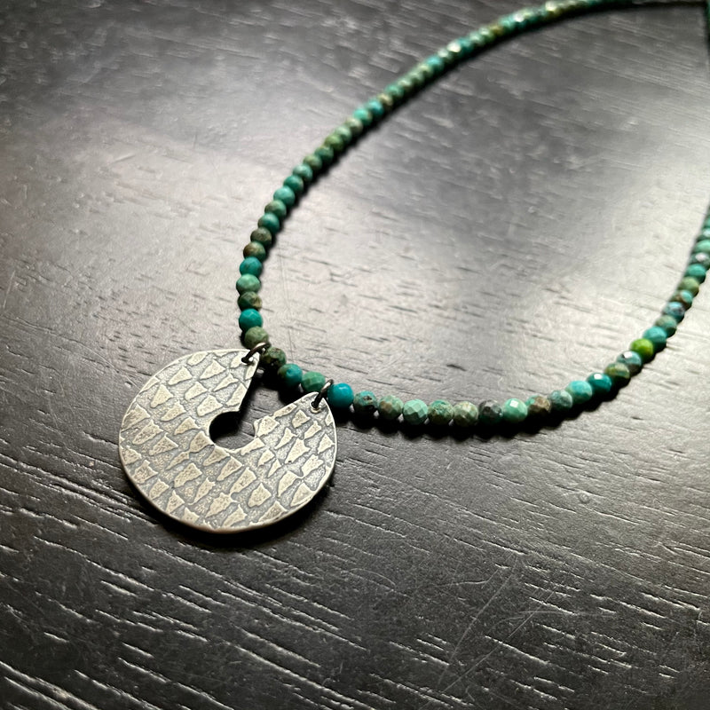 ORIJEN'S: STERLING SILVER REVERSIBLE TEXTURED DISC with 3 DOTS Medallion on TURQUOISE Necklace