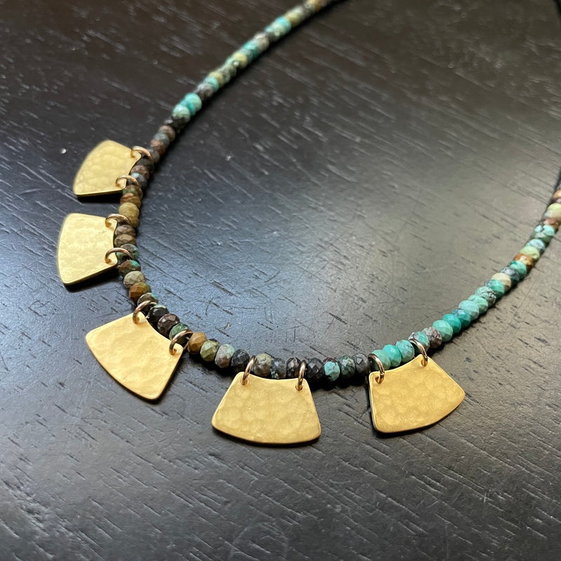 Goddess Necklace -5 TINY Gold Blades with "Dragon Skin" Turquoise, GOLD VERMEIL