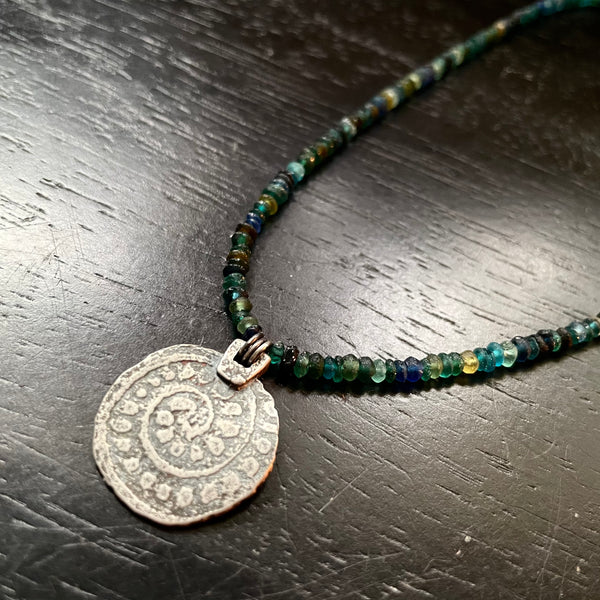 ORIJEN'S: SILVER SPIRAL + WEAVE REVERSIBLE CIRCLE Medallion on Roman Glass Beads Necklace