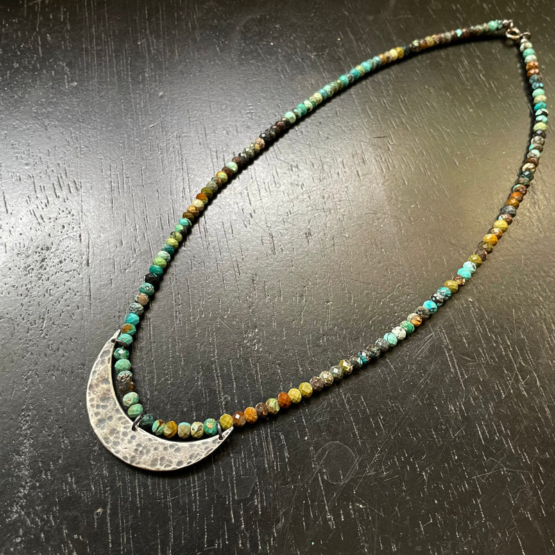 XL Silver Crescent Moon Necklace on Faceted "Dragon Skin" Turquoise Beads