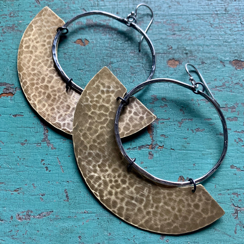 Mezzaluna Earrings - medium silver hoop, thick hammered light brass blade