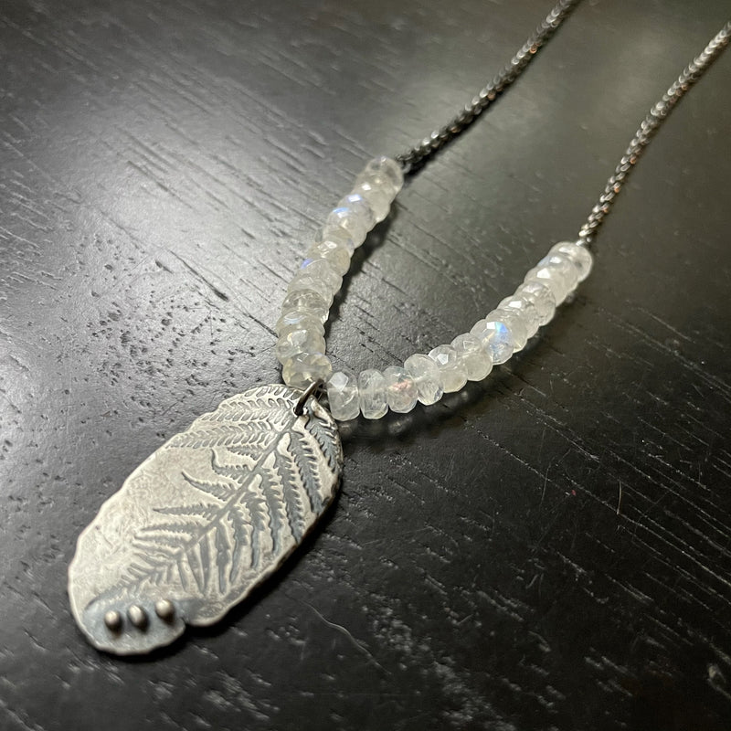 Sterling Silver Fern with 3 dots Medallion with MOONSTONES Necklace!