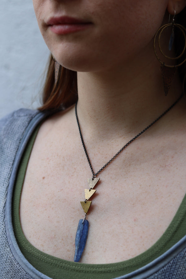 TINY BRASS 3 Triangles with KYANITE necklace