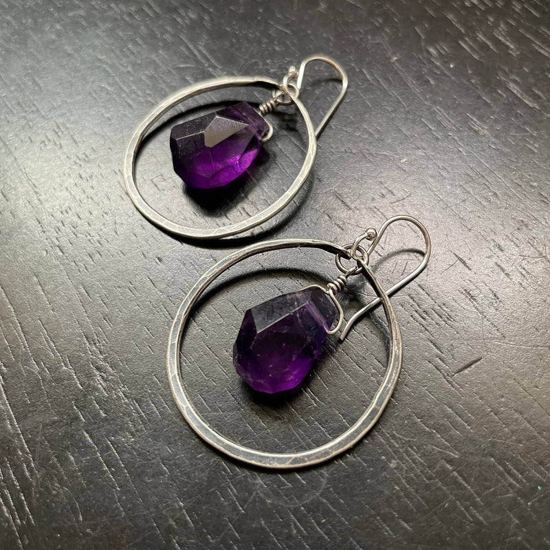 Amethyst Earrings in Small Silver Hoops