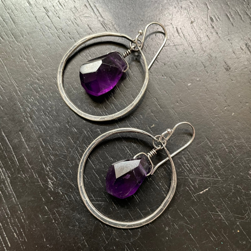 NEW! Chunky AMETHYST (AQUARIUS) Faceted Crystals in Small Silver Hoops