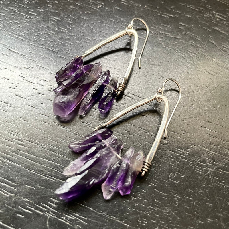 NEW! Small AMETHYST (AQUARIUS) CLUSTERS with ANGLED SILVER BAILS Earrings