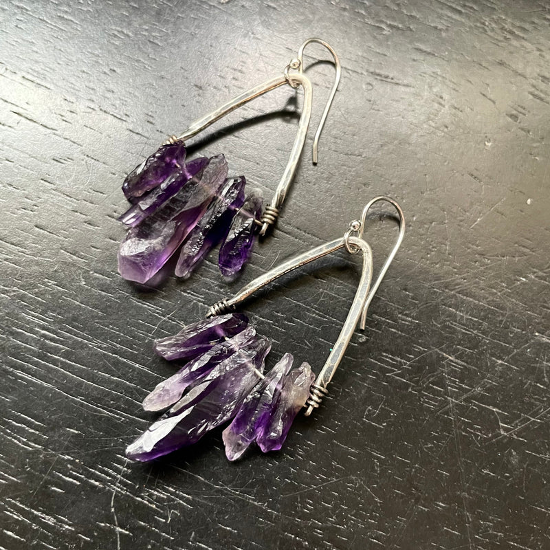 Amethyst Cluster Earrings with Angled Silver Bails