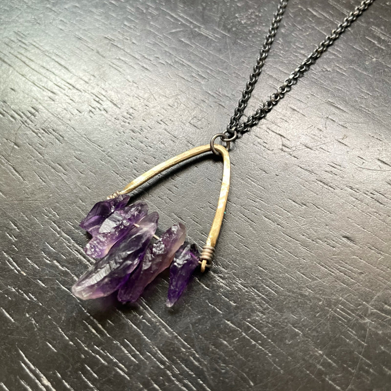 Small Amethyst Cluster Necklace with Angled Brass Bail