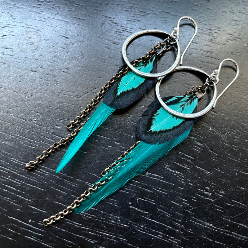 NEW FEATHERS! #1 TINY Silver Hoops BRIGHT TEAL Base + Teal/Iridescent Accents, Brass Chains OOAK#1