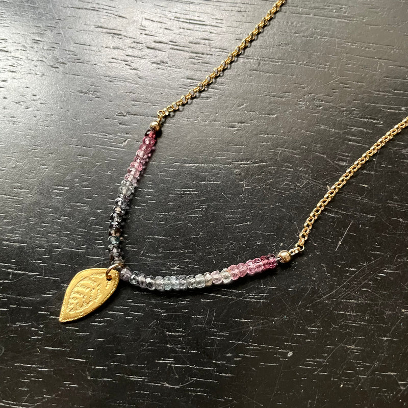 Tiny Gold Leaf Medallion Necklace with Multi-Red Spinel