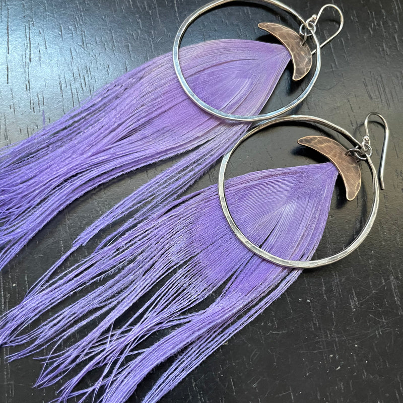 HERA GODDESS Feather Earrings: Medium Silver Hoops, Brass Moons, SOFT PURPLE Peacock Feathers!