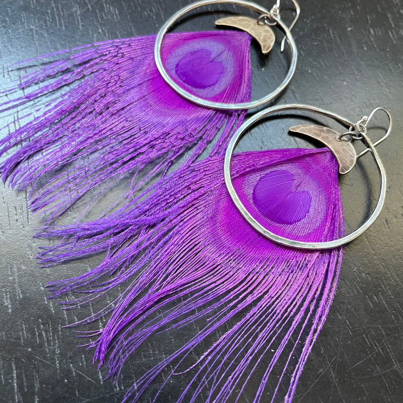 Fuchsia Hera Feather Earrings with Medium Silver Hoops