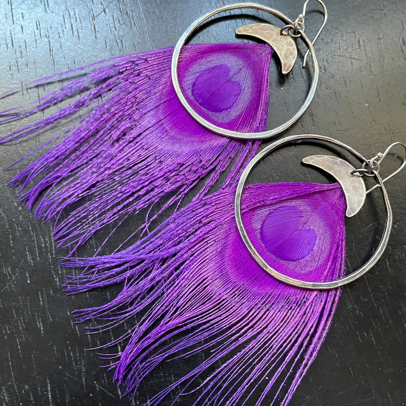 HERA GODDESS Feather Earrings: Medium Silver Hoops, Brass Moons, FUCHSIA Peacock Feathers!