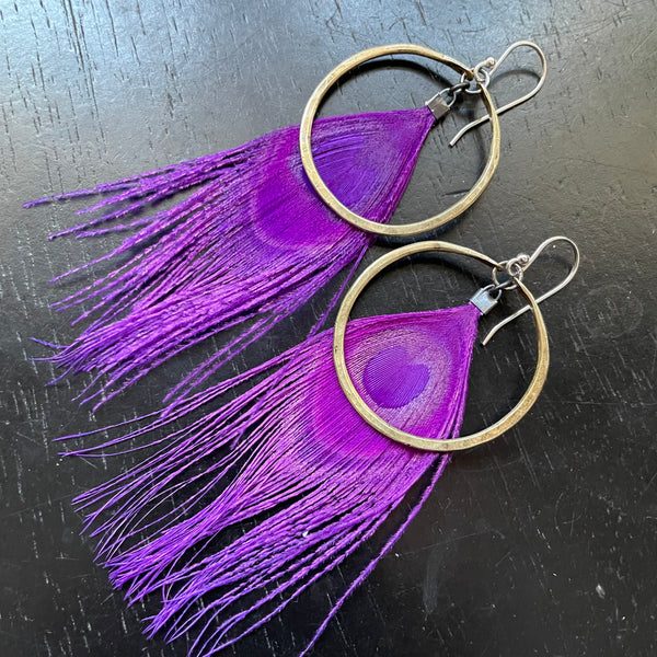 HERA GODDESS Feather Earrings: Small Brass Hoops, FUCHSIA Peacock Feathers!