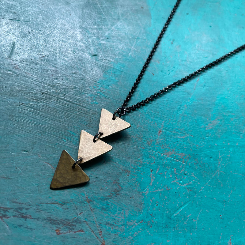 TINY BRASS 3 Triangles with Sterling Silver Necklace