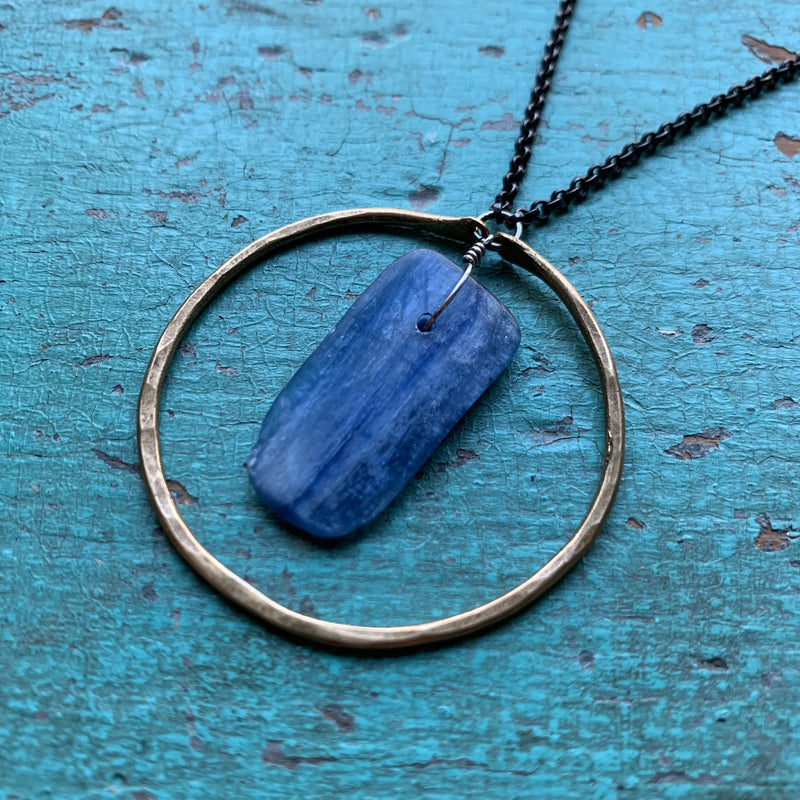 Kyanite Brass Hoop Necklace with 18" Sterling Silver chain