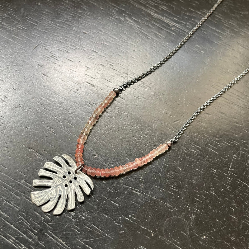 Silver Monstera Necklace with Andesine