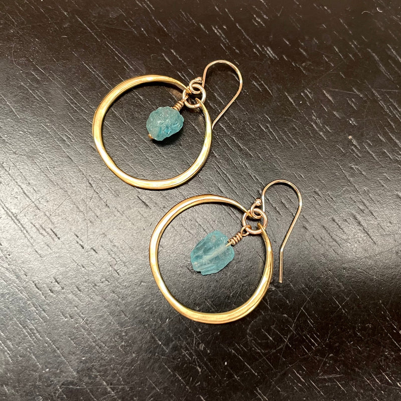 Tiny GOLD Hoops with Raw Apatites, GOLD VERMEIL