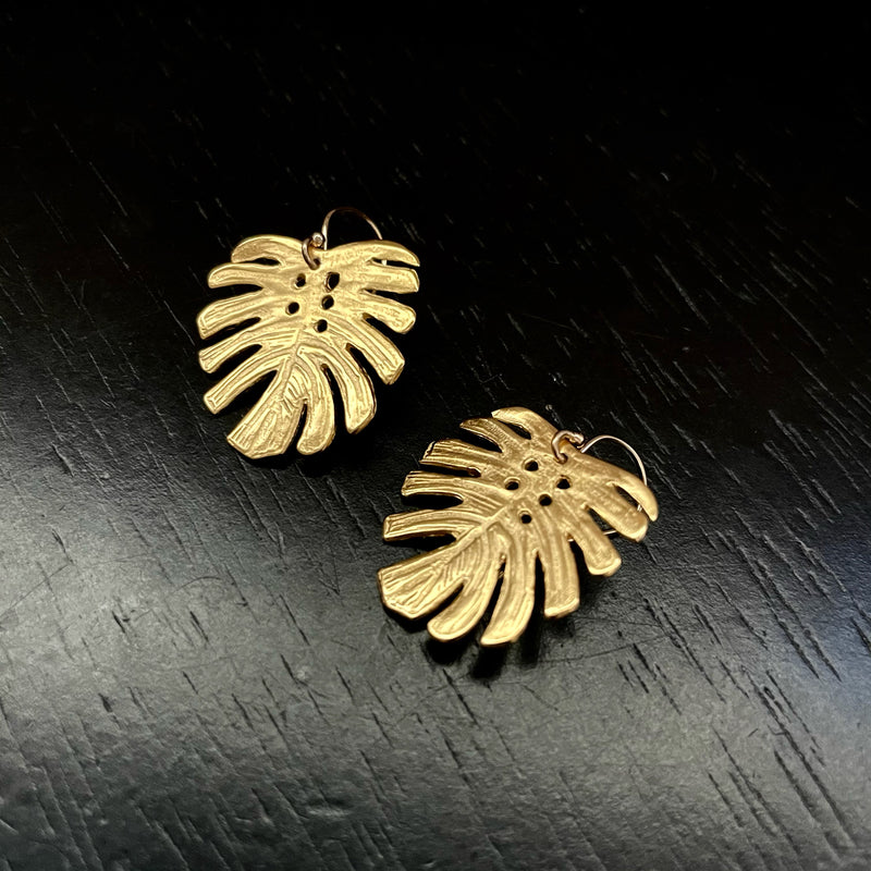 ONLY ONE PAIR CREATED! Lightweight GOLD VERMEIL MONSTERA LEAF EARRINGS!