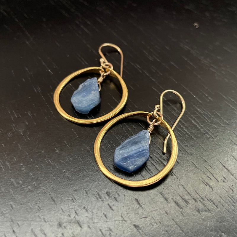 Kyanite Earrings in Tiny Gold Hoops, 24K GOLD VERMEIL