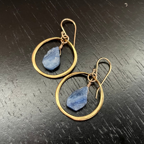 Kyanite Earrings in Tiny Gold Hoops, 24K GOLD VERMEIL
