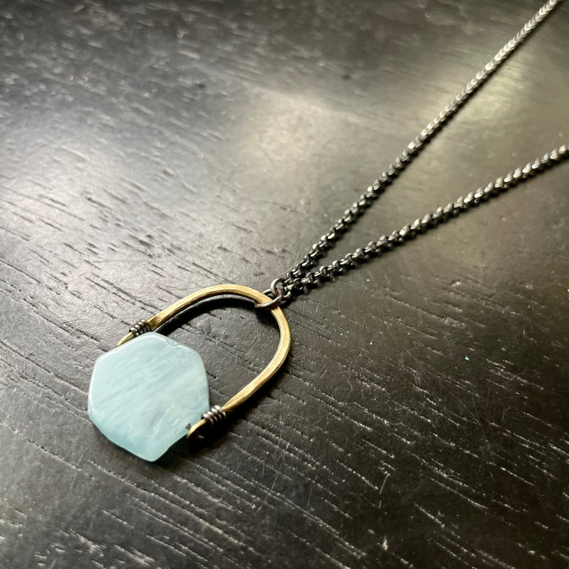 LIMITED BATCH! Aquamarine Hexagon TALISWOMAN, Brass Bail, Silver Necklace